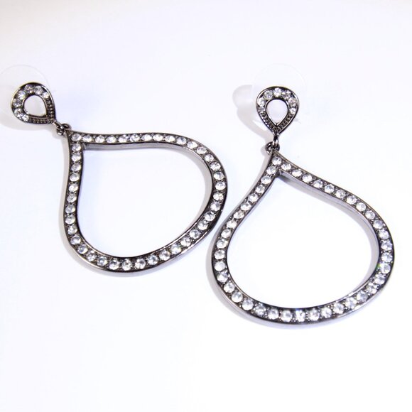 Jewelry - Gunmetal Tear Drop Earrings with Clear Rhinestones